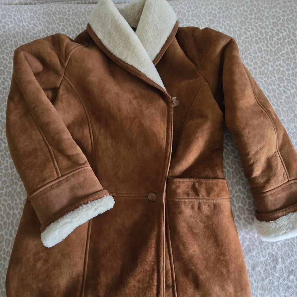 Dagorret Sienna Brown Suede Leather Shearling Midi Coat Size M-L - Picture 4 of 16